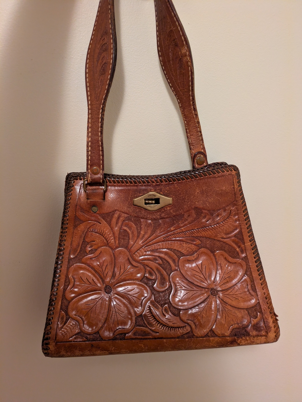 Vintage Hand-Tooled Floral Leather Shoulder Bag